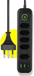 Extensão Tomada Régua Elétrica 5 Tomadas, 2 entradas USB, 1 Porta USB Tipo-C, Cabo de Alimentação de 3 metros, Suporte a Tensão de 110-220V Filtro de Linha Bivolt Potência de 2500W (Preto)