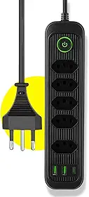 Extensão Tomada Régua Elétrica 5 Tomadas, 2 entradas USB, 1 Porta USB Tipo-C, Cabo de Alimentação de 3 metros, Suporte a Tensão de 110-220V Filtro de Linha Bivolt Potência de 2500W (Preto)