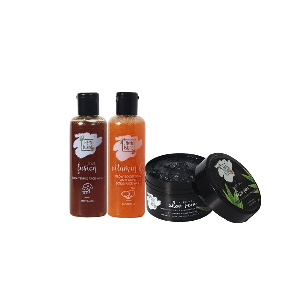 Herb Island Fruit Fusion Face Wash + Vitamin C Face Wash + Aloe Vera Gel Skin Brightening Combo with Exfoliation For oily and Acne Prone Skin Suitable for Men and Women