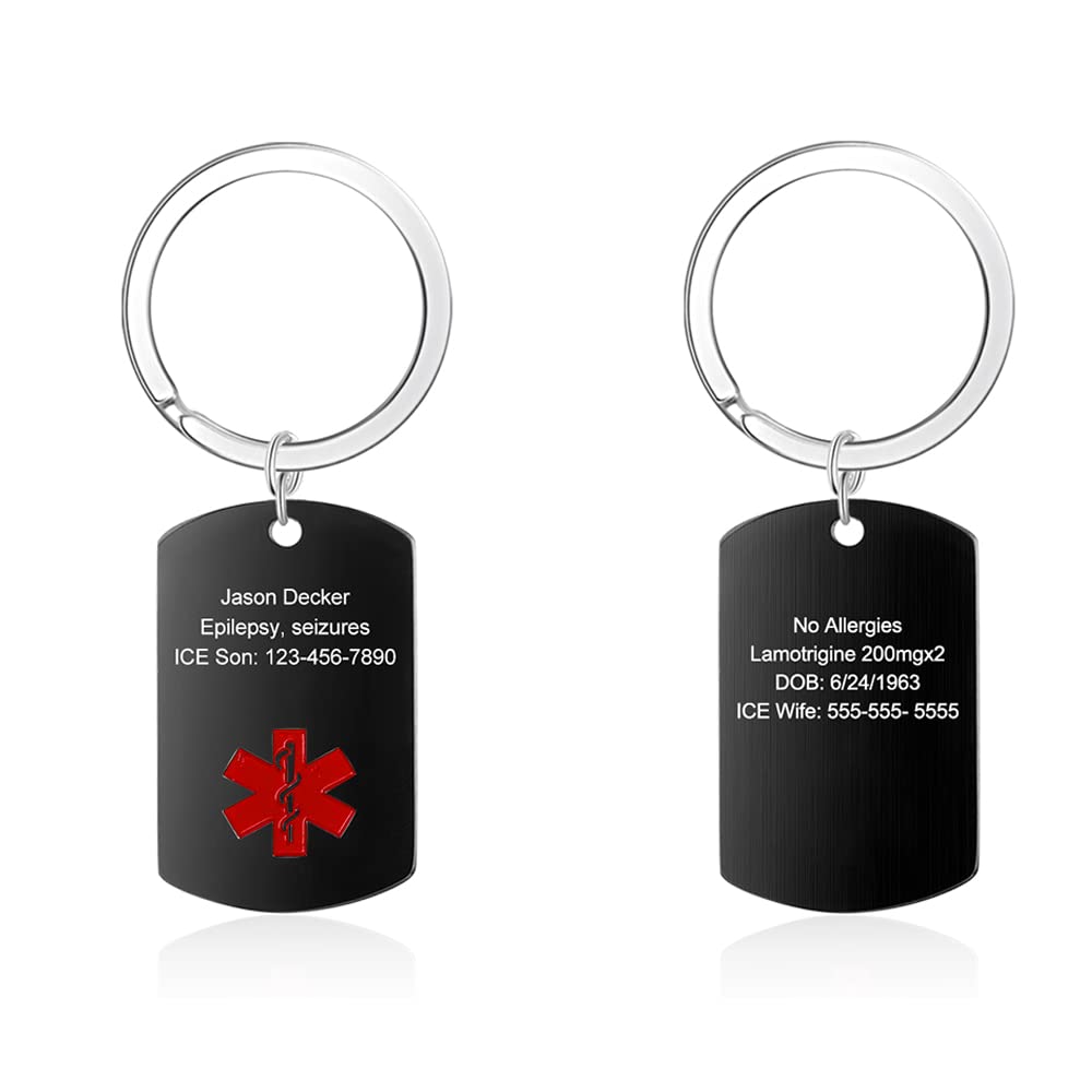 Jewelstruck Personalized Medical Alert Keychain for Women & Men - Custom Emergency ID Tags - Black