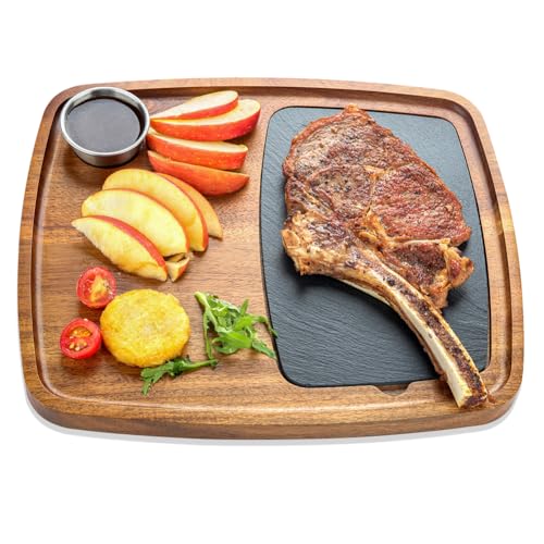 LiWiBet Acacia Wood Serving Plate with Sauce Cup & Removable Slate Insert for Meat Sausages Cheese, Steak Serving Tray Cutting Board Serving Platter Cheese Platter Perfect for Housewarming Christmas