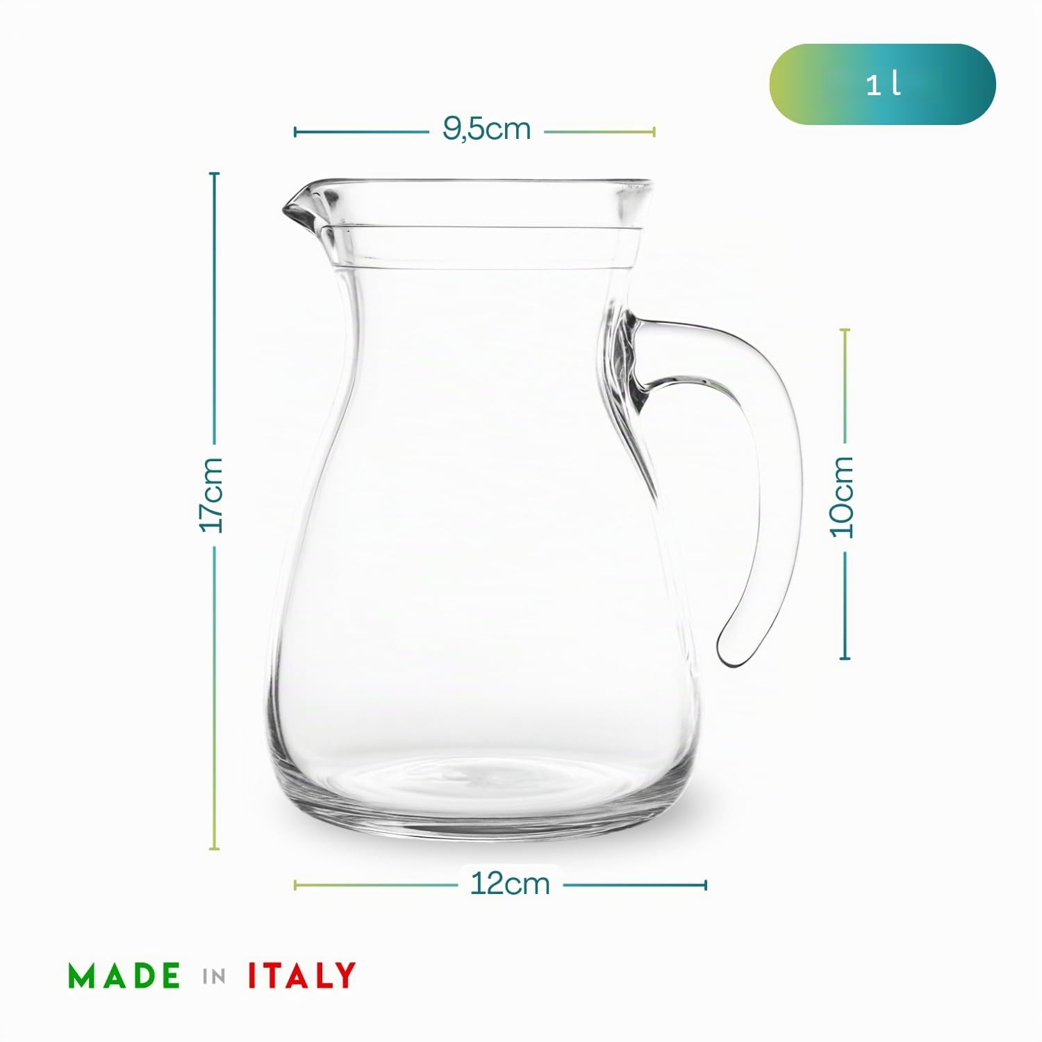 Virsus 12 Caraffe da Tavola in Vetro da 1 Litro, Misura 12x17 cm, Brocca trasparente con Manico e Beccucio Antigoccia, adatta per acqua, succo, bevande, Lavabile in lavastoviglie -8490F -9,3