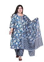 Plus Size Blue Floral Print Pure Cotton Straight Kurta, Dupatta & Pant Set (56)