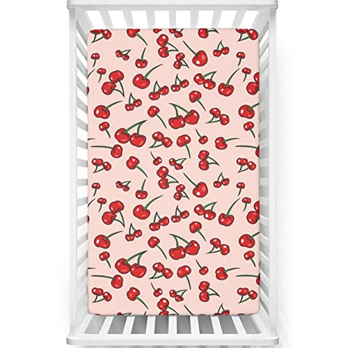 Image of Cherry Themed Fitted Crib Sheet,Standard Crib Mattress Fitted Sheet Toddler Bed Mattress Sheets - Baby Crib Sheets for Girl or Boy,28“ x52“,Blush Vermilion and Green