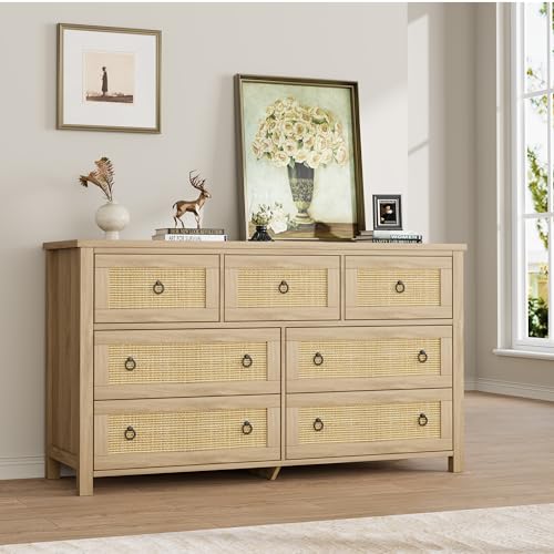 Rattan-7-Dresser-for-Bedroom-472-Wide-Dresser-Boho-Wide-Drawer-Dresser-with-Storage-Wooden-Closet-Dressers-Chest-of-Drawers-Freestanding-for-Bedroom-Nursery-Living-Room-Natural Rattan 7 Dresser for Bedroom 472 Wide Dresser Boho Wide Drawer Dresser with Storage Wooden Closet Dressers Chest of Drawers Freestanding for Bedroom Nursery Living Room Natural