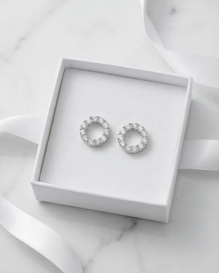 925 Sterling Silver Rhodium Plated 5A Zirconia Stud Earrings | Cubic Zirconia Diamond Cut Earrings for Women