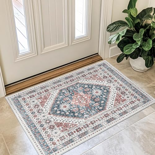 Madane Washable Area Rug 2x3, Small Entryway Rug Non-Slip Vintage Door Mat Indoor Entrance, Low Pile Floor Carpet for Inside Front Door Bedroom Kitchen Entry Laundry (2'x3', Navy Blue)