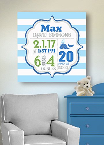 Personalized Stretched Canvas, Striped Nautical Birth Announcement, Custom Baby Name, Date, Weight Stats, Whale Nursery Wall Decor, Wooden Frame Construction, Ready to Hang 24X24