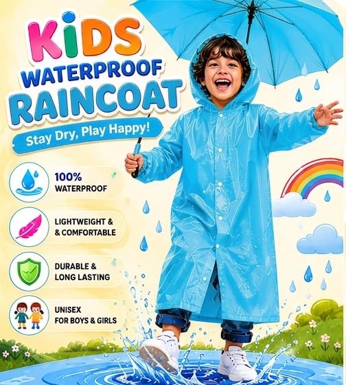 Image of Kids Waterproof & Lightweight EVA Raincoat with Hooded Full Body Rain Protection for Boys and Girls Reusable Rain Wear Pack of 1