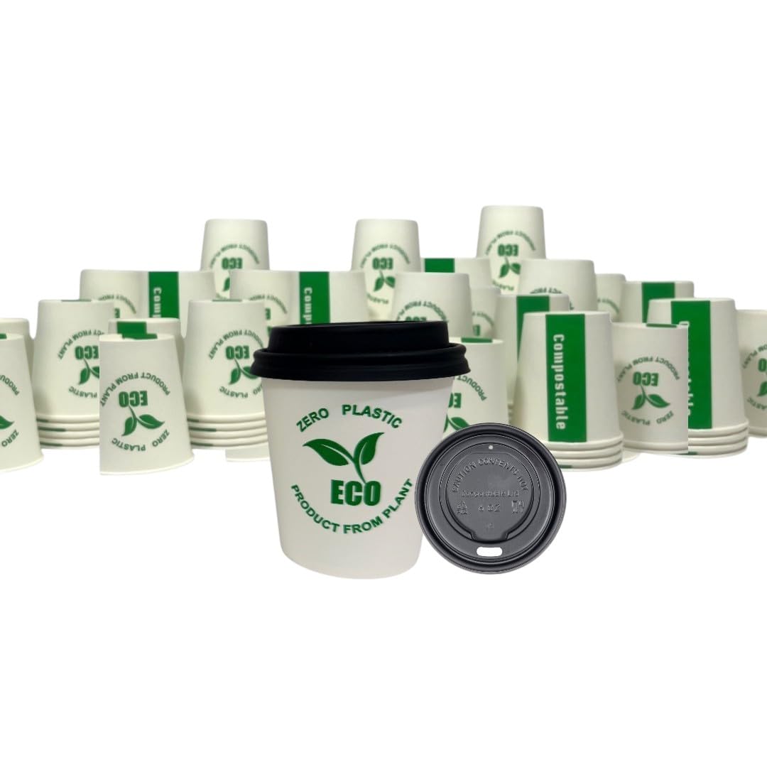 Eco 6oz Paper Cups & PLA Lids Bulk Compostable PLA Lined Coffee Cup Catering Takeaways Hot & Cold Drinks Perfect use for Cafés, Coffee Shops, Events, Catering, Offices (250)