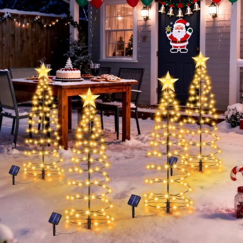 AOUNQ 24" Spiral Solar Christmas Tree Outdoor Decorations 4 Pack | Upgrade 80 LEDs Warm Solar Christmas Lights with 8 Modes, Waterproof Solar Christmas Pathway Lights for Garden Yard Patio - image 6