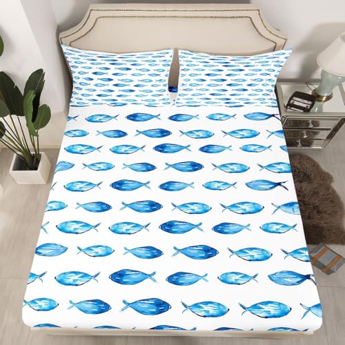 Image of jejeloiu Fish Bed Sheets Set Queen Size Summer Ocean Bed Set for Kids Boys Girls Abstract Stripe Deep Pocket Fitted Sheet Sea Animal Breathable Soft Lightweight Microfiber