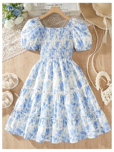 Floerns Girl's Floral Tiered Ruffle Midi Dresses Puff Sleeve Square Neck A Line Dress2