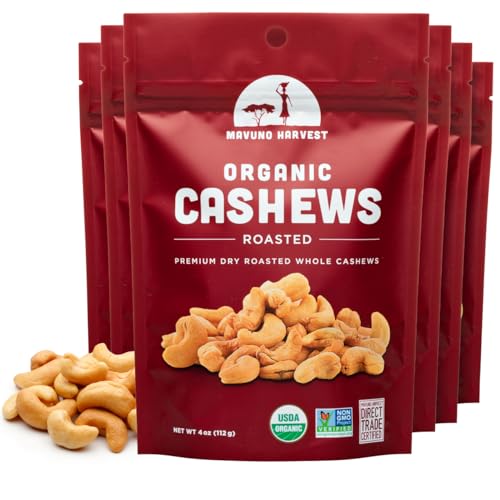 Mavuno Harvest Organic Roasted Cashews | Unsalted Whole Cashews | Dry Roasted Cashew Nuts | Vegan, Low Sodium, Non GMO Healthy Snacks for Kids &amp; Adults | Office Friendly Work Snack | 4 Ounce, 6 Pack