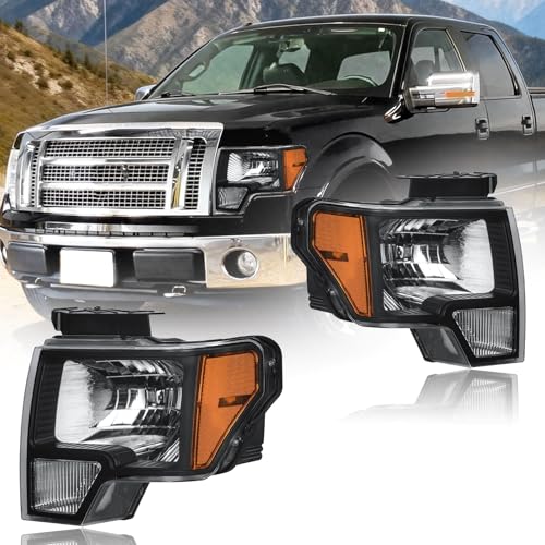 DimFlux Headlight Assembly for Ford F150 2009-2014 Driver Left & Passenger Right Side Replacement Black Housing Amber Reflector