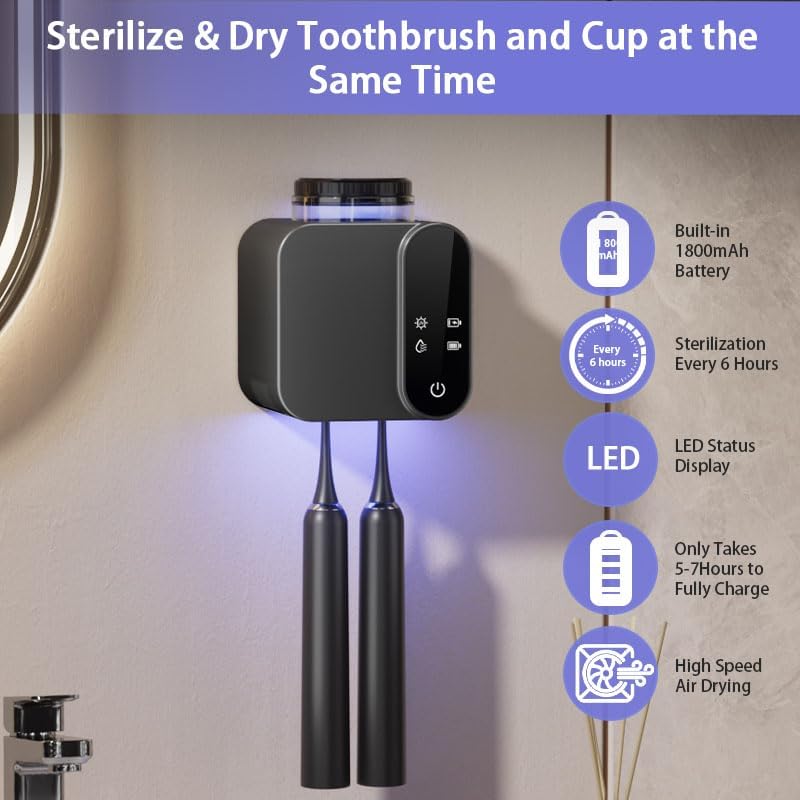 Miniatura 2 de Soporte para cepillos de dientes montado en la pared, soporte eléctrico para cepillos de dientes con secado y limpieza inteligente, soporte para