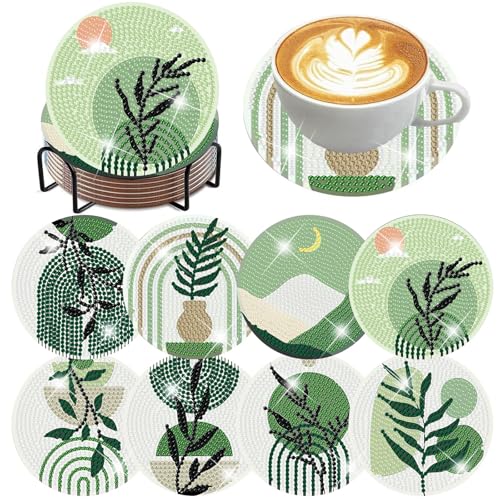 ijbnhd 8 Pcs Leaf Diamond Art Coasters Kit, Leaf Diamond Painting Coasters with Holder, Arts and Crafts Supplies Astral 4X4inch (Cork Wooden Pad)