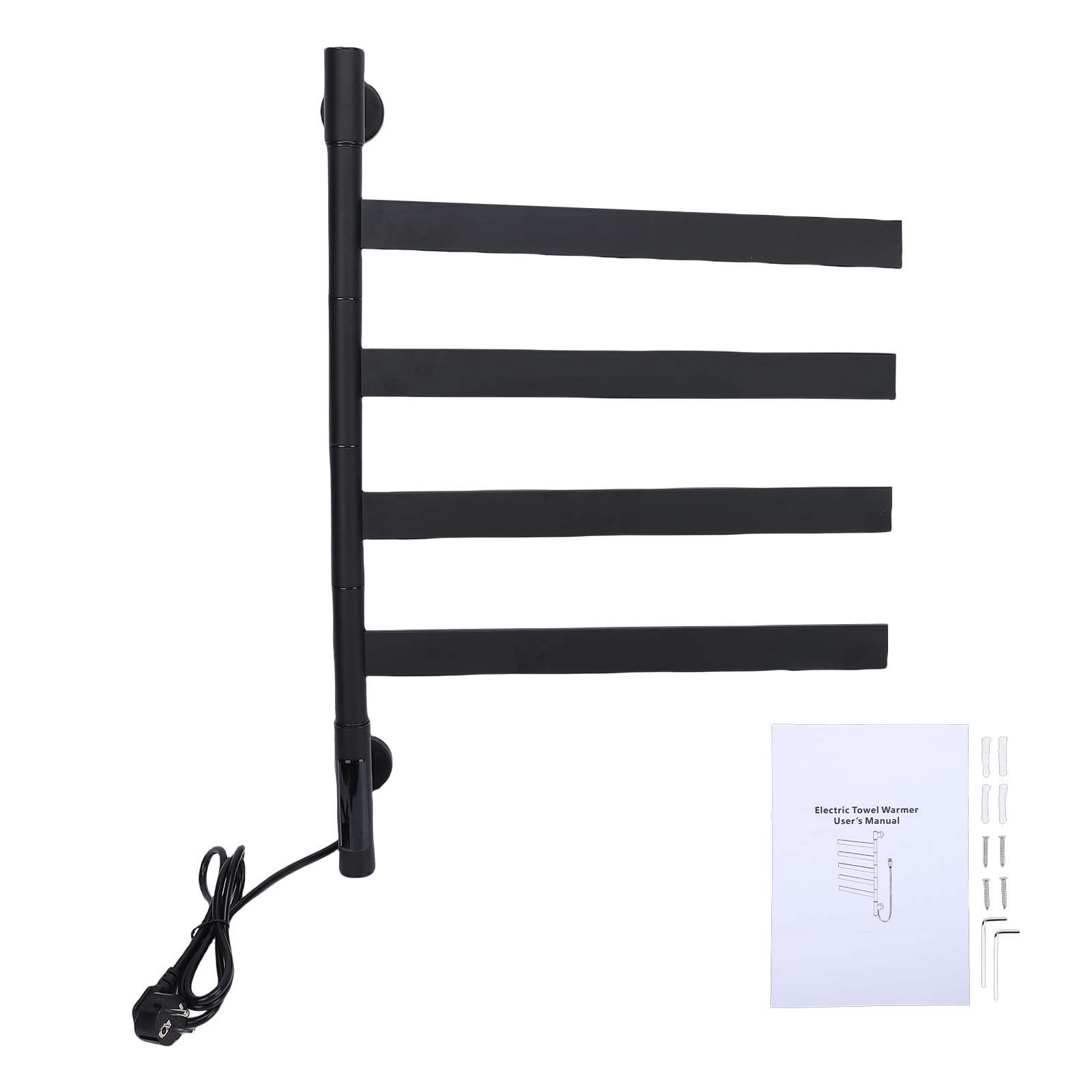 FTVOGUE Toallero Eléctrico Inteligente con Calefacción, Calentador de Toallas con Calefacción de 75 W, Calentamiento Rápido, 4 Brazos Giratorios de 180° con (Tubo Cuadrado Negro Giratorio (Enchufe