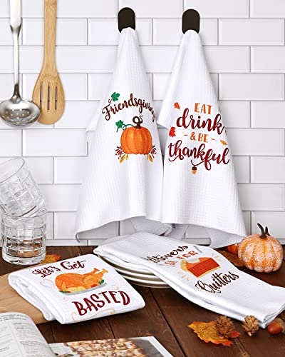 Vansolinne 4PCS Friendsgiving Kitchen Towels Thanksgiving Dish Towels Fall Autumn Harvest Pumpkin Turkey Maple Leaves Farmhouse Home Decorations Funny Kitchen Bathroom Hand Towel Housewarming Gift - Image 3
