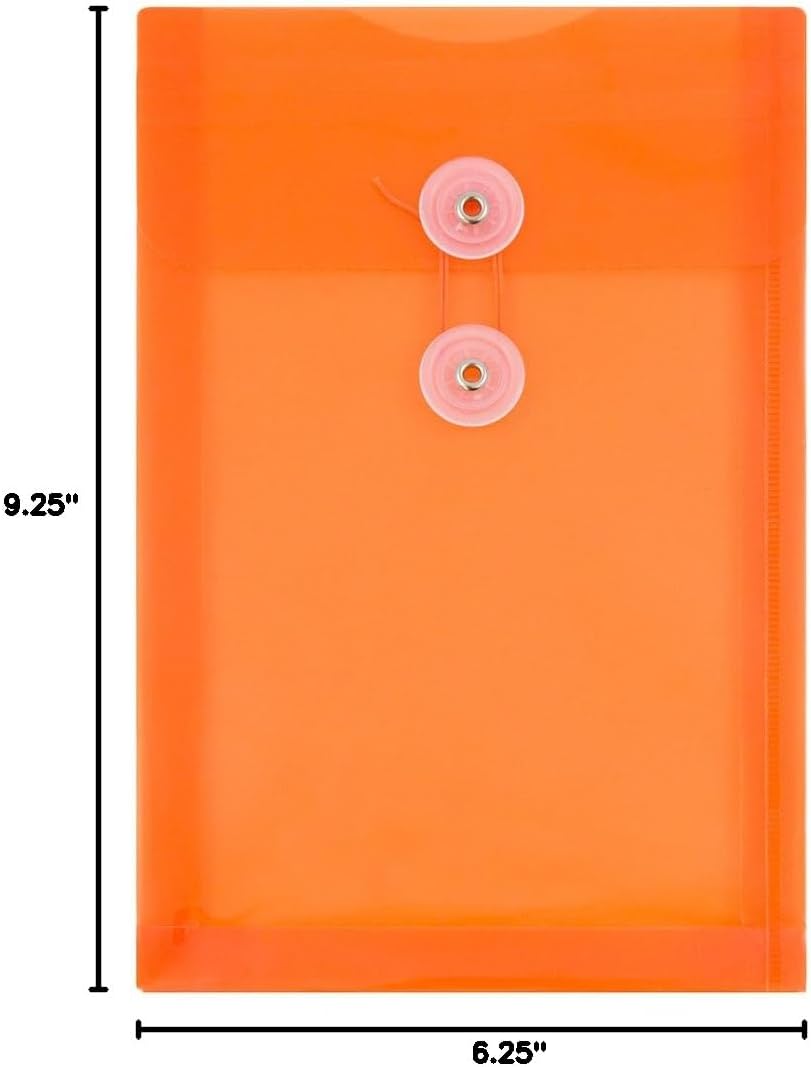 JAM PAPER Plastic Envelopes with Button & String Tie Closure - 6 1/4 x 9 1/4 - Bright Orange - 12/Pack