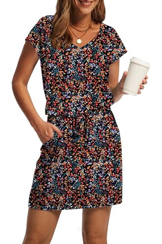 OFEEFAN Summer Dresses for Women 2026 V Neck T Shirt Casual Mini Dresses Tie Waist Sundresses with Pockets