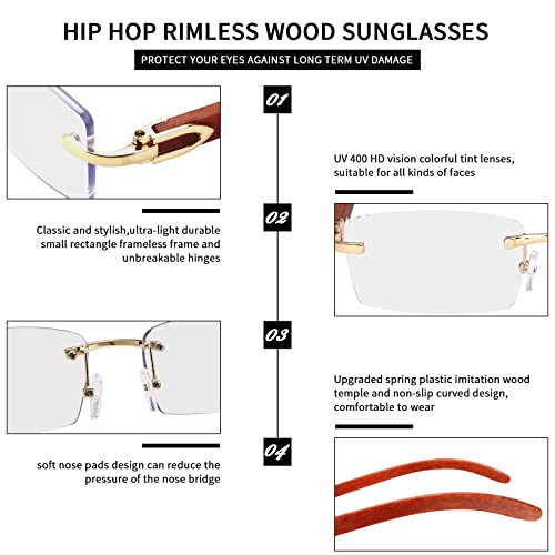 Dollger Rimless Rectangle Sunglasses For Men Women Hip-Hop Plastic Imitation Woodgrain Legs Small Square Sunglasses Colorful Fashion Frameless 70S 90S Shades (Imitation Wood-Gold Frames/Clear Lens) #TOP5