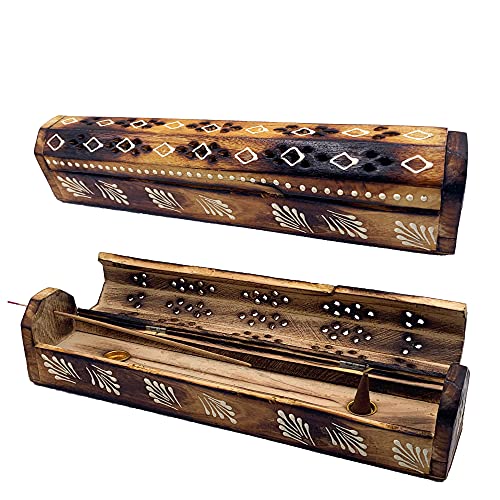 Quemador Incienso (incensario) Caja de Madera Decorada a Mano en India - Exclusivo diseño de espigas Blancas . 30.5x6.2x5.5 - - Peso 240 g. Porta Incienso Madera Cover