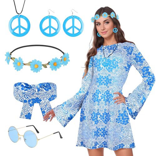 Blisscok Hippie Kostüm Damen Hippie Accessoires 60er 70er Jahre Outfit Bekleidung Kleid Mode 60er Jahre kleid Disco Outfit 70er Mode Damen für...