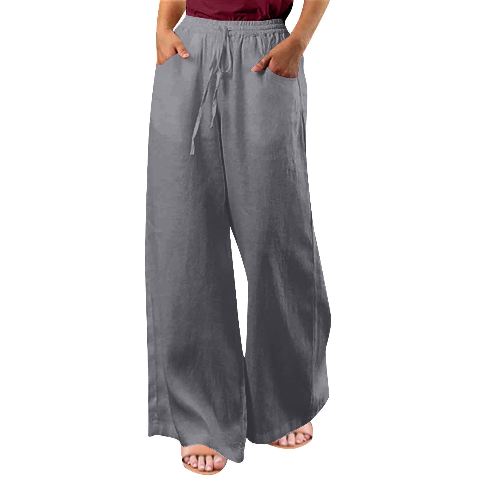 Andongnywell Womens Plus Size Linen Wide Leg Elastic Waistband Pants with PoXKets Long Trousers