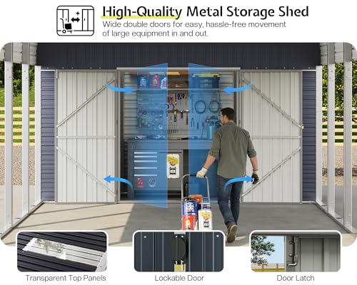Image of Jocisland 12x24 FT 2-in-1 Carport & Storage Shed, Heavy Duty Carport with Galvanized Steel Roof, 12x4.2 FT Metal Shed with 2 Transparent Panels & Double Doors, Car Canopy for Cars, Boats, Trucks