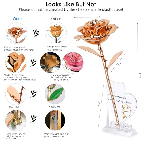 Image of Sinvitron Gold Dipped Rose Real 24K Gold Rose, Hand Dipped One of a Kind Golden Roses, Romantic Gifts for Women on Valentines Day, Anniversary Mother's Day (Rose Gold)