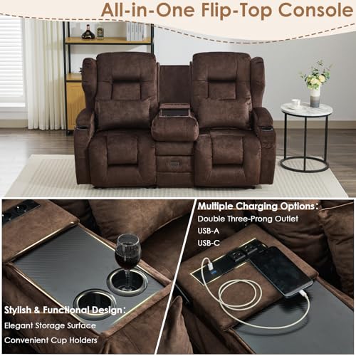 Image of SAMERY 67.6 inch Loveseat Recliner Sofa | Double Recliner Sofa & Console | Wall Hugger Loveseat Reclining RV Theater Seats | RV Couch Home Theater Seating Furniture (Velvet Mahogany)