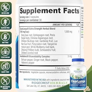 RidgeCrest Herbals ClearLungs Extra Strength, Daily Health Supplement, Natural Lung and Nasal Wellness Formula (60 Vegan Caps, 30 Serv)