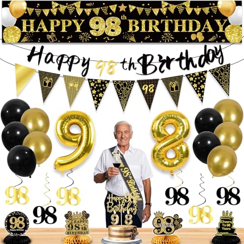 Image of 98th Birthday Decorations for Men, Black Gold 98th Party Decorations | 27pcs Happy 98th Birthdays Set: Banner, Honeycomb, Balloons, Gold Number, Candle, Hanging Swirls, Cake Topper, Party Supplies