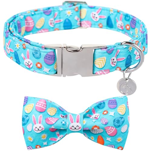 DOGWONG Cotton Easter Dog Collar with Bowtie, Soft Adjustable Blue Rabbit Easter Day Collar for Small, Medium, Large Dogs