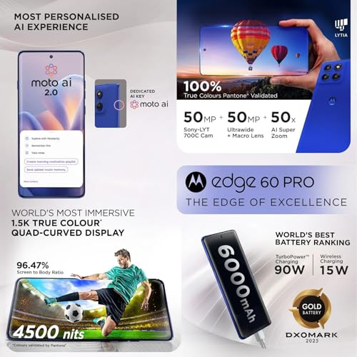 Image of Motorola Edge 60 Pro 5G (Pantone Dazzling Blue, 8GB RAM, 256GB Storage) | MediaTek Dimensity 8350 Processor | 50MP + 50MP + 10MP Triple Rear Camera |50MP Front Camera |6.7-inch 1.5K Super HD+ Display
