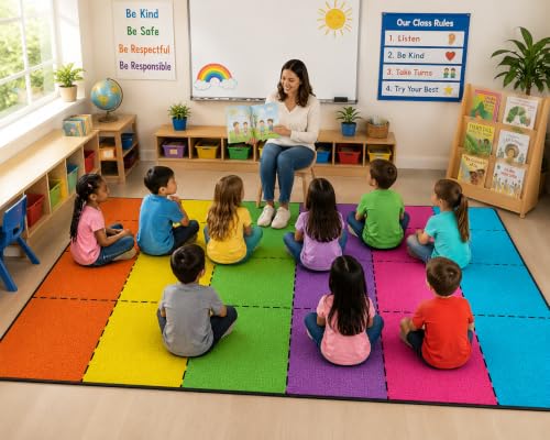 Image of Classroom Rug with 24 Seats- 7'6 inch x 13'1 inch Large Rectangle Carpet Squares for Elementary, Preschool, Daycare - Non Slip, Flame Retardant, Easy Clean Nylon Mat for Reading Circle & Playroom
