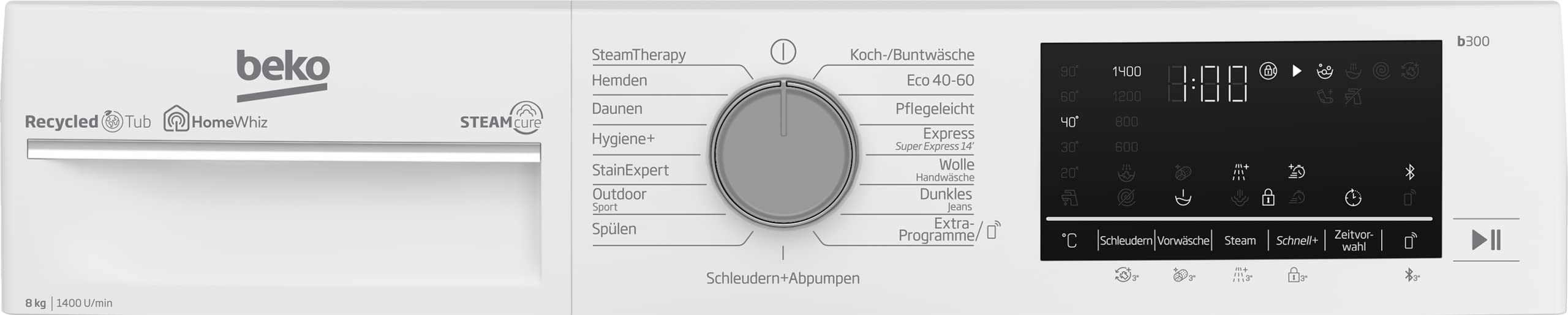 Beko B5WFU584135W Waschvollautomat, 8kg, Waschmaschine, Restzeitanzeige und Schleuderwahl, 1400 U/min, SteamCure Dampffunktion, allergikergeeignet, AquaWave Schontrommel, Bluetooth-Steuerung, Weiß