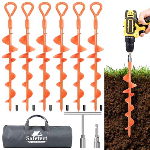 Safetect Ground Anchors Screw in 15 Inch, Heavy Duty Earth Anchor Stakes Kit for Trampoline, Camping, Canopies, Tents, Securing Animals, Swing Set Anchors, 6 Pack Tent Stakes
