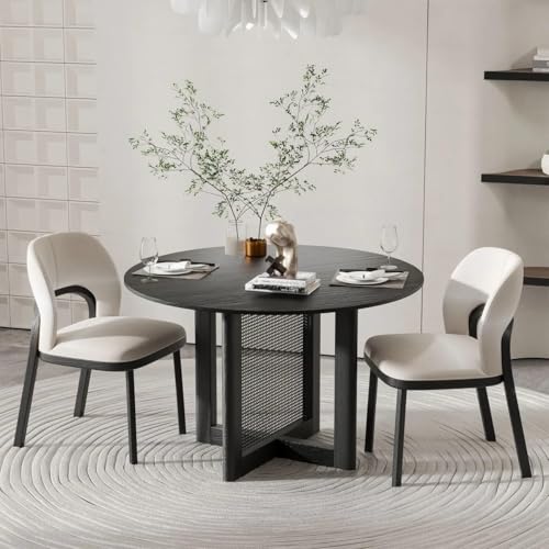 Image of Quick Artsy Round Mango Wood Dining Table 4 Seater for Dinning Room, Living Room & Home Decor, Natural Colour, (120D x 120W x 76H Centimeters) (Rattan Dining Table) (Black Rattan Dining)