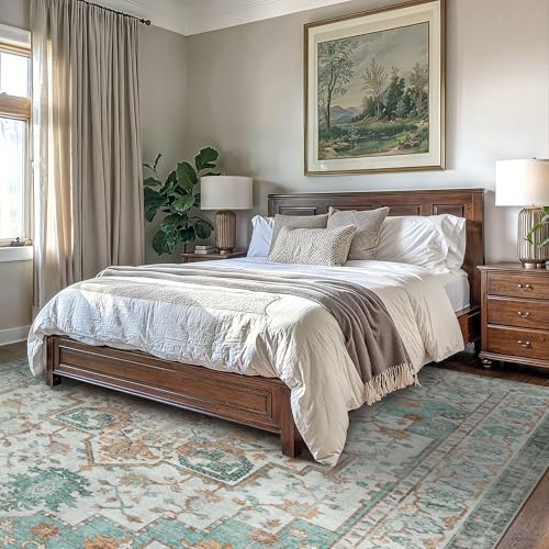 GENIMO 9x12 Area Rugs for Living Room, Machine Washable Non Slip Vintage Rugs, Low Pile Lightweight Chenille Print Rug for Bedroom, Dining Room, Home Office, Cyan