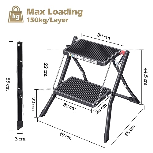 KINGRACK Klapptritt, 2 StufenTrittleiter, zusammenklappbar, Leiter mit Rutschfester Gummimatte, Tritthocker mit Entriegelungstaste, Leichter Stahl, für bis zu 150 kg, Schwarz