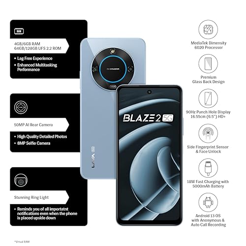 Image of Lava Blaze 2 5G (Glass Blue, 6GB RAM, 128GB Storage) | Stunning Ring Light | 50 MP AI Camera | 5000 mAh Battery | Upto 12 GB Expandable RAM | MediaTek Dimensity 6020 Processor | 18W Fast Charging