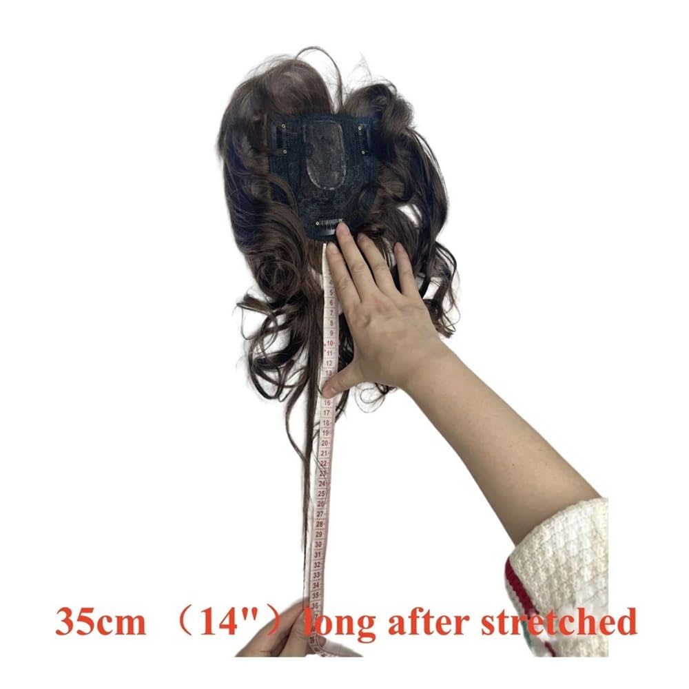 Topper de cheveux humains bouclés de vague de corps de 14 pouces for les femmes, avec 3 clips, postiches avec frange Extensions de cheveux(Dark Brown)
