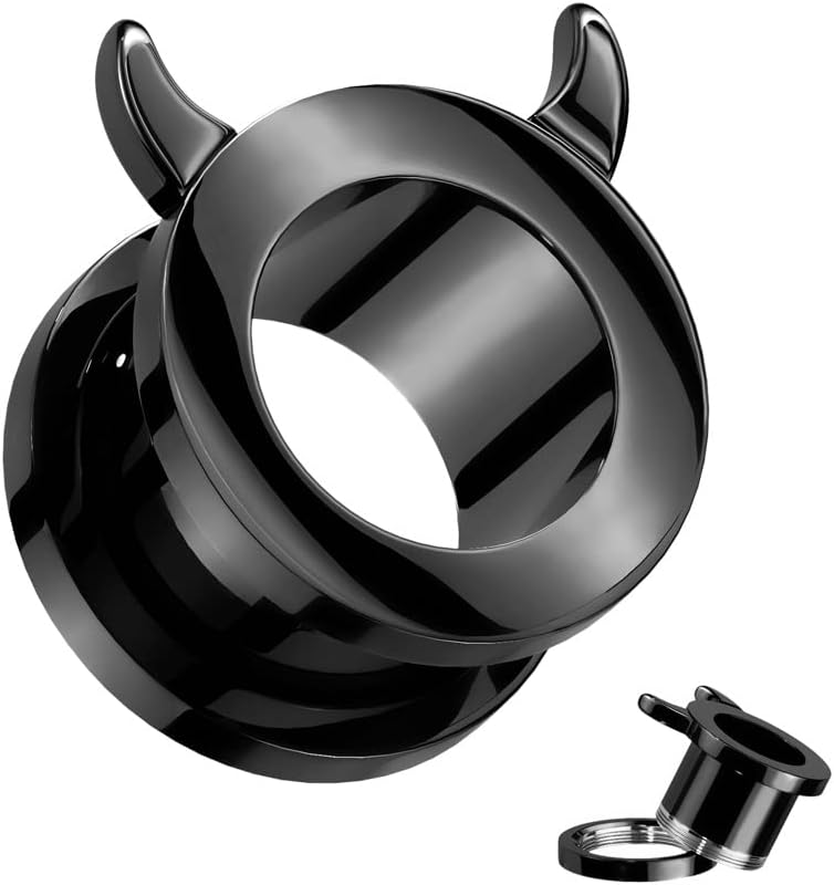 Pierced Owl Black PVD 316L Stainless Steel Devil Horn Rim Screw Fit Tunnel Plugs, Sold as a Pair