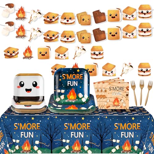 G1ngtar SMores Camping Party Decoration Set - Serves 24- 112Pcs SMore Love Fun Campfire Themed Tableware Disposable Plate Napkin Tablecloth Banner Card for Birthday Party Supplies