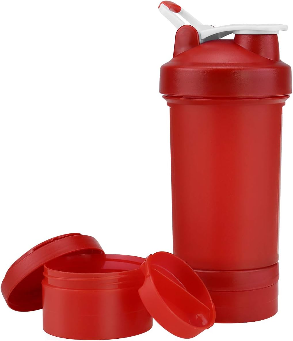 Protein Shaker Bottle, 22oz Shaker Bottle with 2 Independent Jar Storage for Powder, Leak Proof Sport Mixer Bottle, Bap-Free, Side Measurement, Mixer Ball, Shake Cup for Post Pre Workout