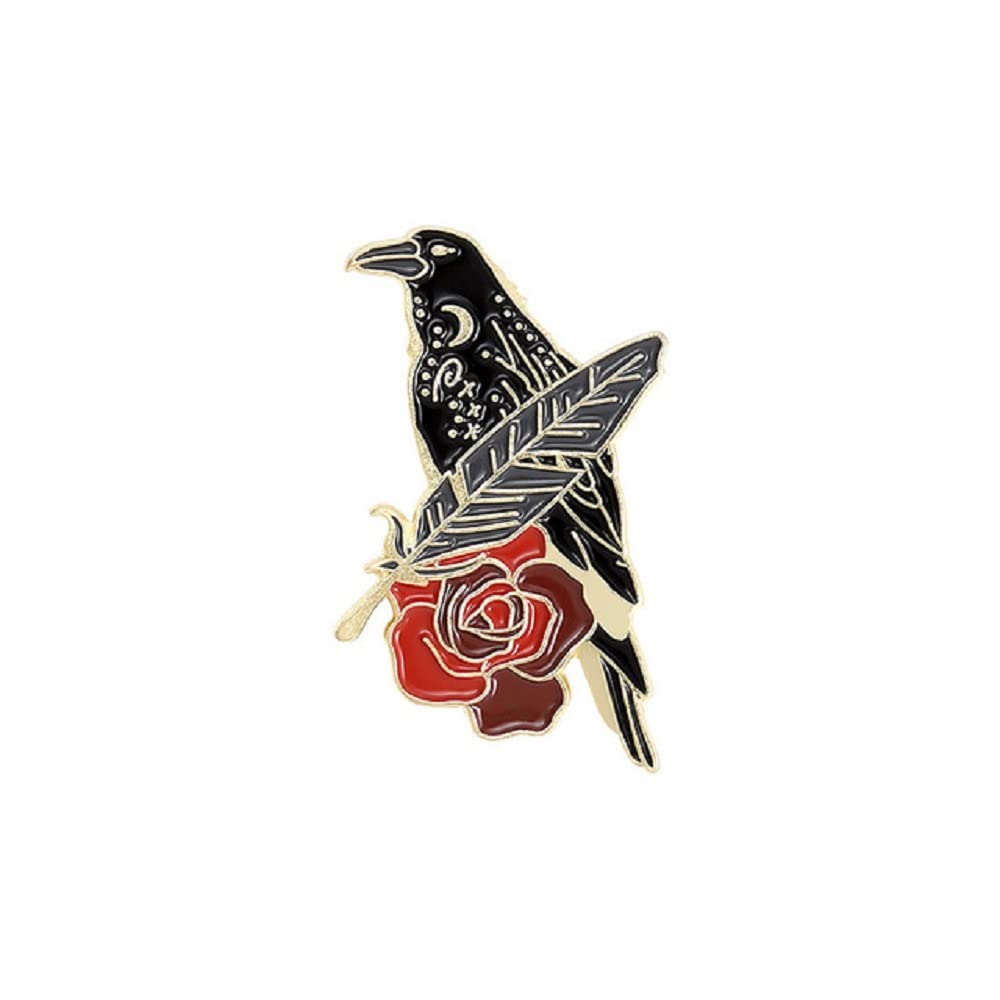 Raven Rose and Feather Gold Enamel Pin