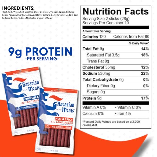 Bavarian Meats Lil' Landjaeger Meat Sticks, Smoked Sausage Protein Snacks, Zero Sugar, Great Source of Protein, Gluten Free, Keto Friendly Low Carb Snack, 10 Ounce - image 2
