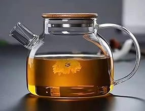 Borosilicate Round Glass Tea Pot with Heat Resistant Stainless Steel Infuser Perfect for Tea and Coffee Maker, Clear Glass Kettle (1000ml Wooden Lid)